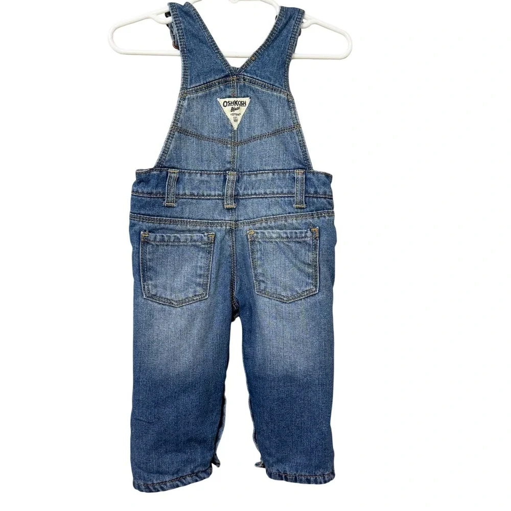 OshKosh Bgosh Baby Girls 9M Fleece Lined Blue Denim Overalls Pink Bow Detail
